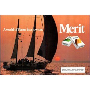 1986 Merit Cigarettes 2 Page Vintage Print Ad Sunset Sailboat Sailing Wall Art